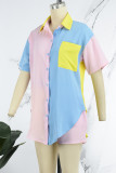 Blue Casual Patchwork Contrast Shirt Collar Short Sleeve Two Pieces