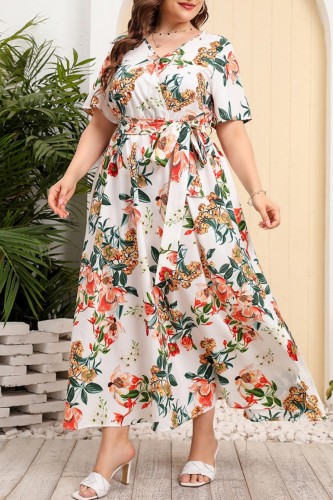 Cream White Casual Print Patchwork V Neck Long Dress Plus Size Dresses