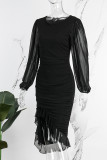 Svarta Casual Solid Patchwork O-hals långärmade klänningar
