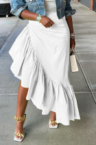 White Casual Solid Patchwork Flounce Asymmetrical High Waist Solid Color Bottoms