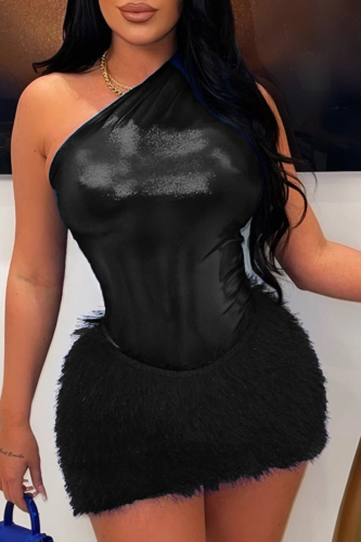 Black Sexy Solid Patchwork Oblique Collar Sleeveless Two Pieces