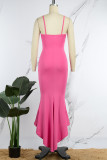Rosarotes, lässiges, solides Patchwork-Kleid mit rückenfreiem Volant, Spaghettiträger und unregelmäßigem Kleid