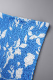 Azul Casual Bandagem Floral Diária Patchwork Estampado Gola V Meia Manga Duas Peças