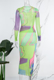 Vert Violet Street Print Patchwork Mesh O Neck Long Sleeve Two Pieces