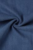 Blue Casual Solid Patchwork Pocket Turndown Collar Short Sleeve Mid Waist Regular Denim Jumpsuits