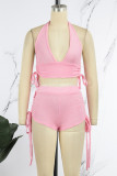 Roupa esportiva casual rosa sexy bandagem sólida sem costas frente única sem mangas duas peças