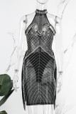 黒のセクシーなパッチワークホット掘削タッセル中空シースルーマンダリンカラーノースリーブドレスドレス