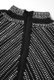 Negro elegante malla sólida taladro caliente medio cuello alto manga larga dos piezas