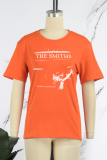 Magliette casual arancioni con stampa quotidiana patchwork o collo
