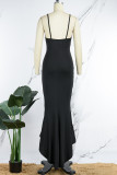 ブラック カジュアル ソリッド パッチワーク バックレス フラウンス スパゲッティ ストラップ 不規則なドレス ドレス