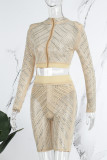 Apricot Elegant Solid Mesh Hot Drill Half A Turtleneck Long Sleeve Two Pieces