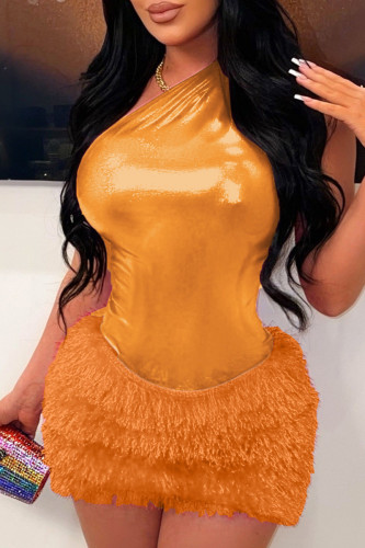 Tangerine Red Sexy Solid Patchwork Oblique Collar Sleeveless Two Pieces