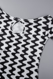Black Street Striped uitgeholde patchwork off-shoulder gewikkelde rokjurken
