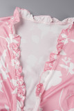 Rose Décontracté Quotidien Floral Bandage Patchwork Impression Stringy Selvedge Smocks Col V Demi Manches Deux Pièces