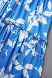 Azul Casual Diario Floral Vendaje Retazos Estampado Stringy Selvedge Smocking Escote en V Media manga Dos piezas