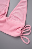 Roupa esportiva casual rosa sexy bandagem sólida sem costas frente única sem mangas duas peças