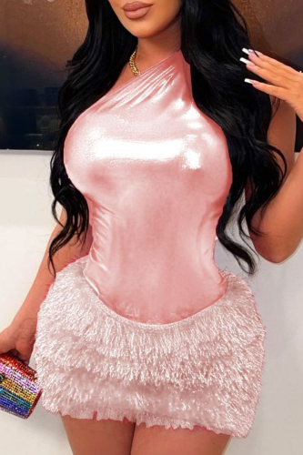 Pink Sexy Solid Patchwork Oblique Collar Sleeveless Two Pieces