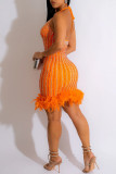 オレンジのセクシーなパッチワークホット掘削包帯バックレスノースリーブドレスドレス