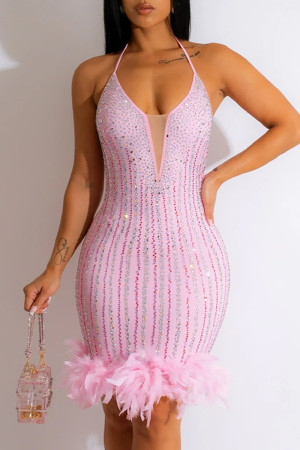 Pink Sexy Patchwork Hot Drilling Bandage Backless Sleeveless Dress Dresses