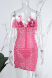 Vestidos formais de festa rosa sexy com babados transparentes e decote em V