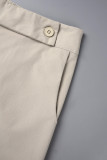 Calças de retalhos lisos casuais regulares de cintura alta convencionais de cores sólidas caqui