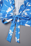 Blu casual quotidiano fasciatura floreale stampa patchwork cimossa filante punto smock scollo a V mezza manica due pezzi
