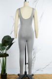 Grå Sexig Casual Sportswear Solid Backless Skinny Jumpsuits med U-hals