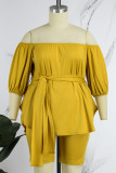 Yellow Plus Size Casual Simplicity Solid With Belt Solid Color Off the Shoulder Plus Size Two Pieces