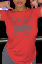 Camisetas con cuello en O de patchwork con estampado de calle casual rojo