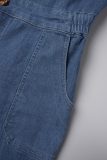 Blue Casual Solid Patchwork Pocket Turndown Collar Short Sleeve Mid Waist Regular Wide Leg Denim Jumpsuits