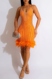 Orange Sexy Patchwork Hot Drilling Bandage rückenfreies ärmelloses Kleid