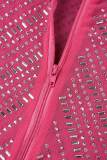 Rosa elegante malla sólida taladro caliente medio cuello alto manga larga dos piezas
