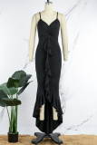 Черное повседневное однотонное платье в стиле пэчворк с открытой спиной и воланами на тонких бретельках Нерегулярное платье Платья