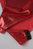 Мандариново-красный сексуальный сплошной лоскутный косой воротник без рукавов из двух частей
