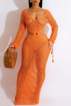 Orange sexig solid tofs urholkad Patchwork badkläder täcker upp (utan bikiniset)