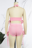 Розовая сексуальная повседневная спортивная одежда с однотонной повязкой на спине и открытой спиной, без рукавов, из двух частей
