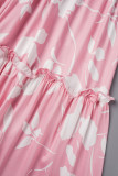 Roze Casual Dagelijks Bloemen Bandage Patchwork Afdrukken Vezelig Zelfkant Smockwerk V-hals Halve mouw Tweedelig