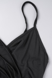 ブラック カジュアル ソリッド パッチワーク バックレス フラウンス スパゲッティ ストラップ 不規則なドレス ドレス