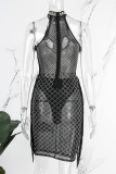 Черное сексуальное лоскутное горячее сверление с кисточками, выдолбленное прозрачное платье без рукавов с воротником-стойкой Платья