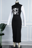 Svarta Casual Print Patchwork Turtleneck långärmade klänningar
