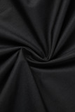 黒の甘い固体パッチワーク ボタン ボウ V ネック ストレート ドレス