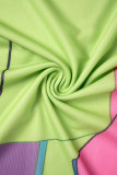 Зеленый Фиолетовый Уличный принт Пэчворк Сетка О-образный вырез Длинный рукав Из двух частей