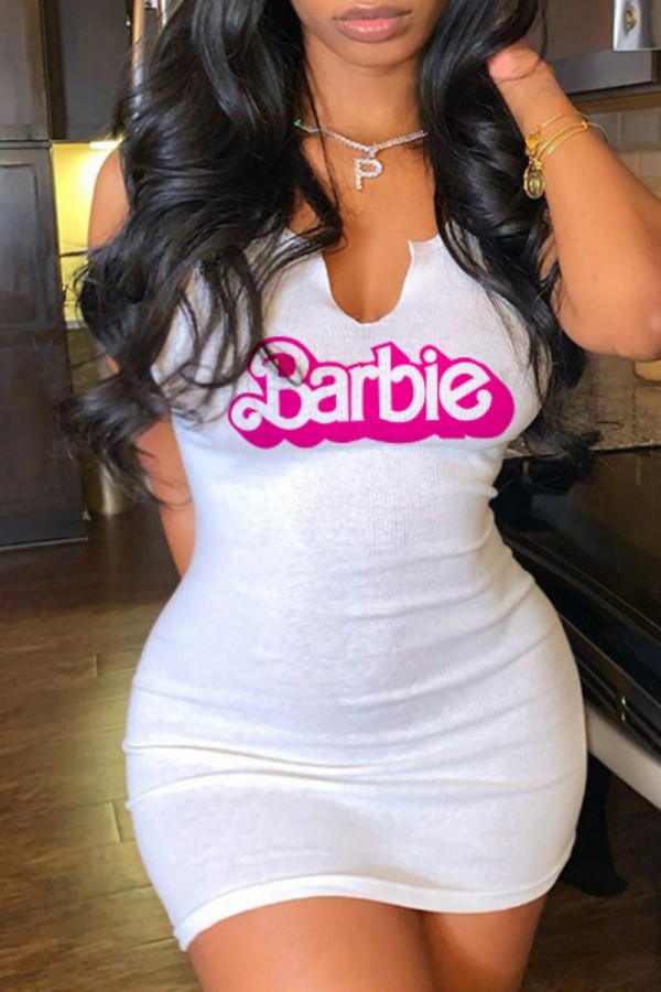 White Casual Letter Print Basic V Neck Vest Dress Dresses