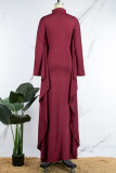 Burgundy Casual Solid Patchwork Half A Turtleneck Irregular Dress Dresses