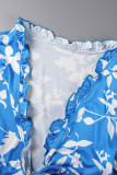 Blu casual quotidiano fasciatura floreale stampa patchwork cimossa filante punto smock scollo a V mezza manica due pezzi
