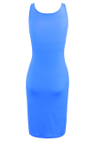 Vestidos de falda de un paso con cuello en U en contraste de patchwork con estampado casual azul