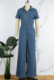 Blue Casual Solid Patchwork Pocket Turndown Collar Short Sleeve Mid Waist Regular Denim Jumpsuits