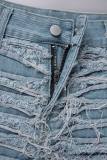 Blaue Street Solid Quasten-Patchwork-Tasche, schmale, gerade, einfarbige Hose mit niedriger Taille