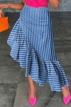 Синяя повседневная юбка в полоску с принтом в стиле пэчворк, асимметричная обычная, с высокой талией
