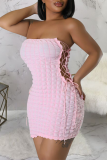 Pink Sexy Solid Patchwork Backless Cross Straps Strapless One Step Skirt Dresses